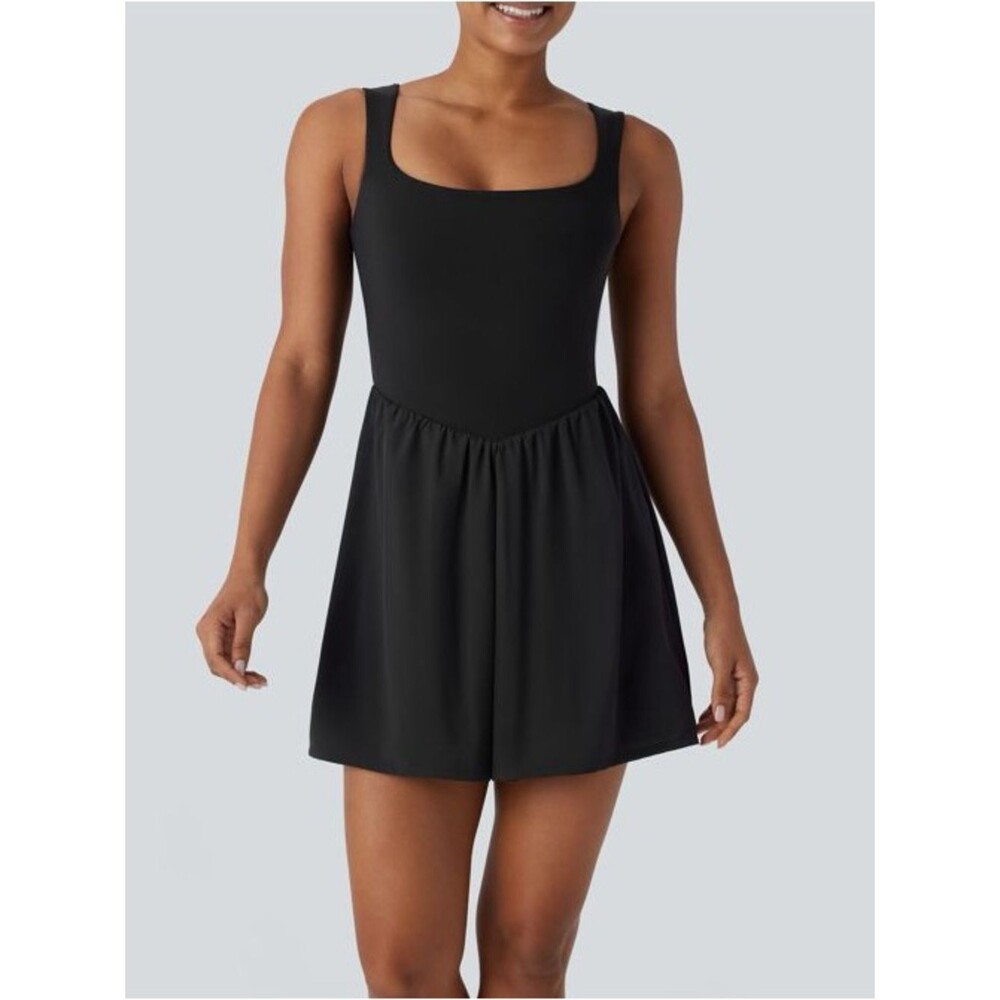 NWT Halara Breezeful Square Neck Active Dress M Black Built In Shorts Pockets